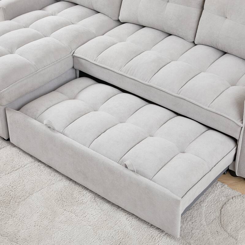 78.75" Chenille Pull-Out L-Shaped Sectional Sofa Bed with Charging Ports and Storage Chaise