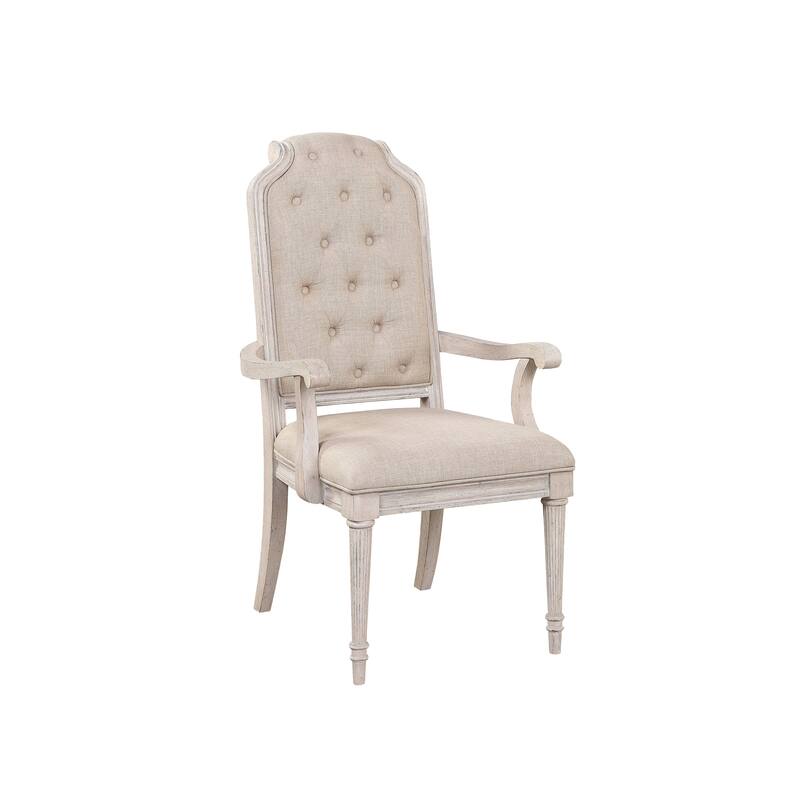 HomeRoots Set of Two Tufted Antiqued White and Champagne Upholstered Fabric And Solid Wood Dining Arm Chairs