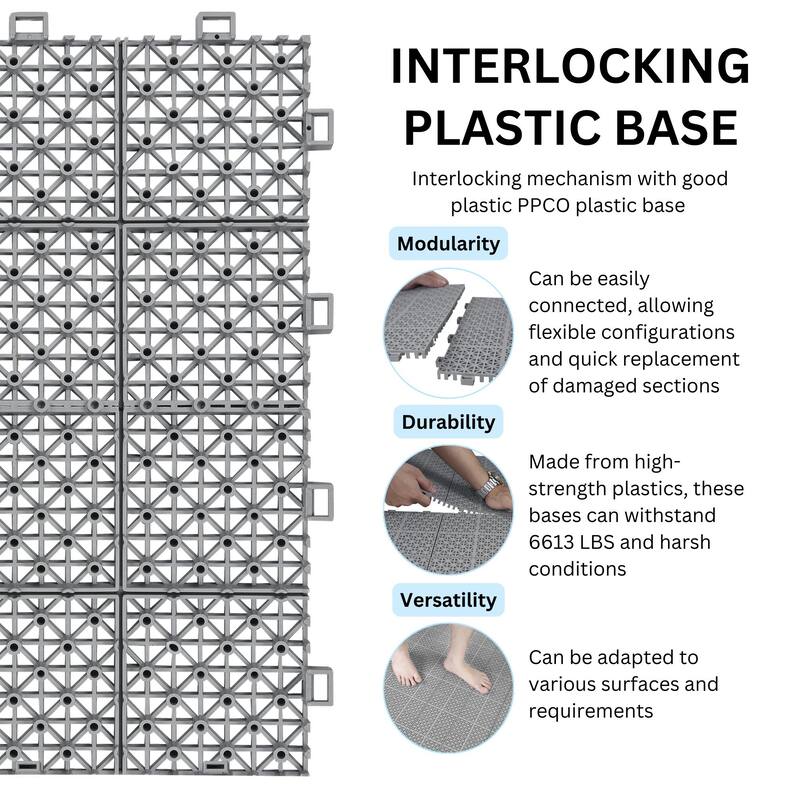 12 x 12 Inch Gray Interlocking Deck Tiles Plastic Waterproof Outdoor All Weather Anti-slip, Rosette Pattern Pack of 12
