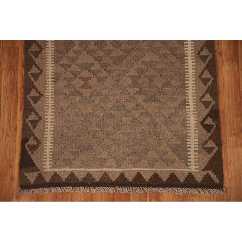 Brown Kilim Oriental Area Rug Flat-weave Wool Carpet - 3'3" x 4'10"
