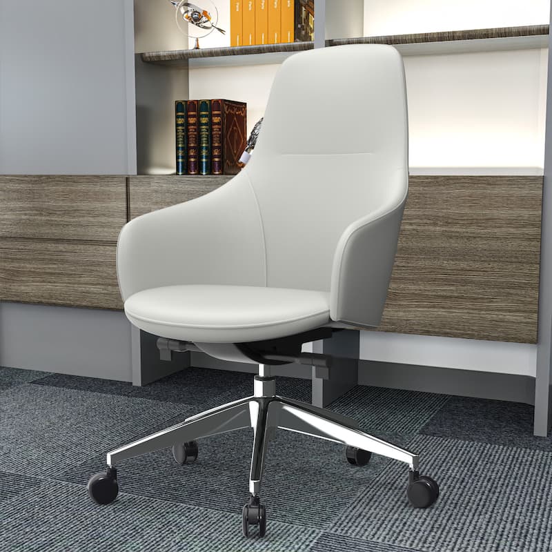 White Faux Leather Office Chair with Adjustable Height, 360 Swivel Seat, Metal Frame and Fixed Armrests