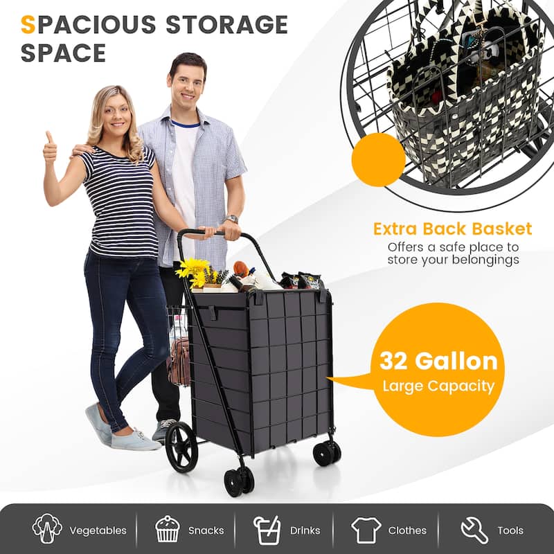 Gymax Folding Shopping Cart Utility Double Basket Grocery Cart w/