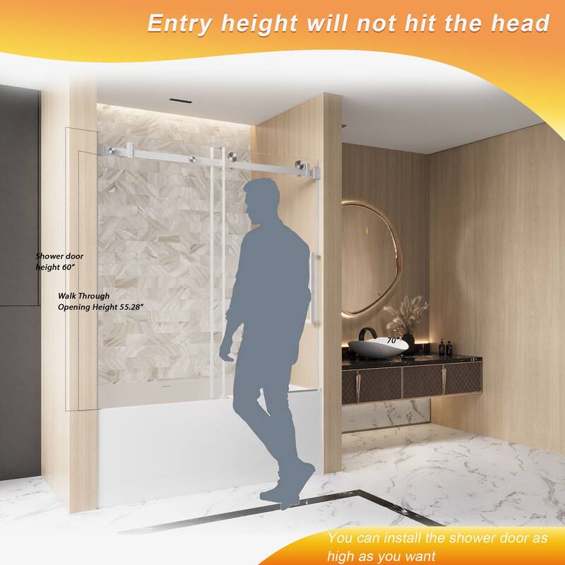 60 "W x 60" H Frameless Single Sliding Shower Door with Stainless Steel Handle - 60'' x 0.38'' x 60''