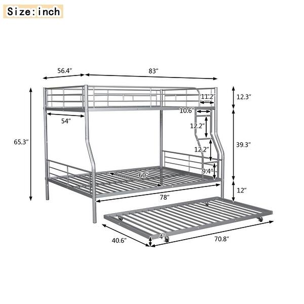 Silver Full XL-Queen Bunk Bed w/ Trundle Unisex, Split Into 2 Beds