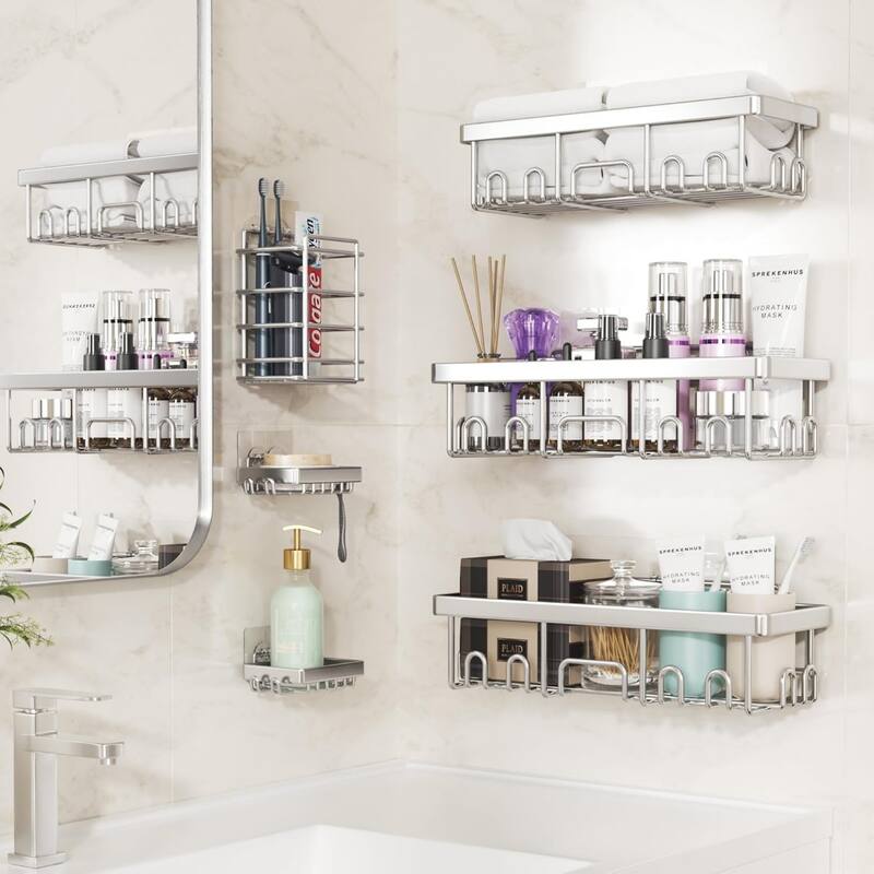 6-Pack Stainless Steel Shower Shelves, Large-Capacity Bathroom Organization and Storage.