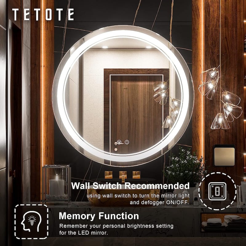 TETOTE Round LED Bathroom Vanity Wall Mounted Mirror