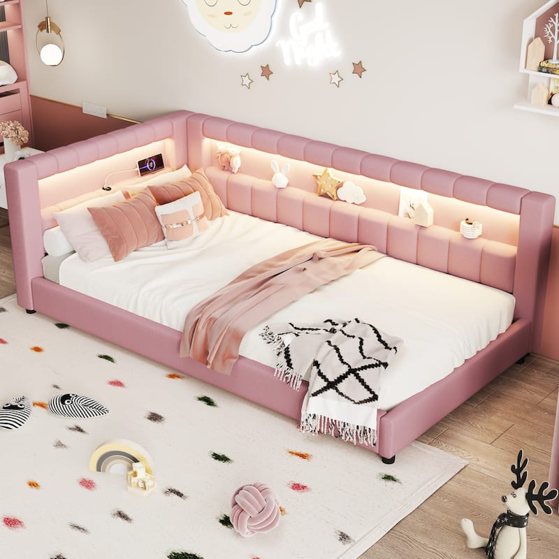 Upholstered Low-Profile Daybed Platform Bed Built-in USB Ports and LED Light Belt, Grounded Design with Padded Backrest