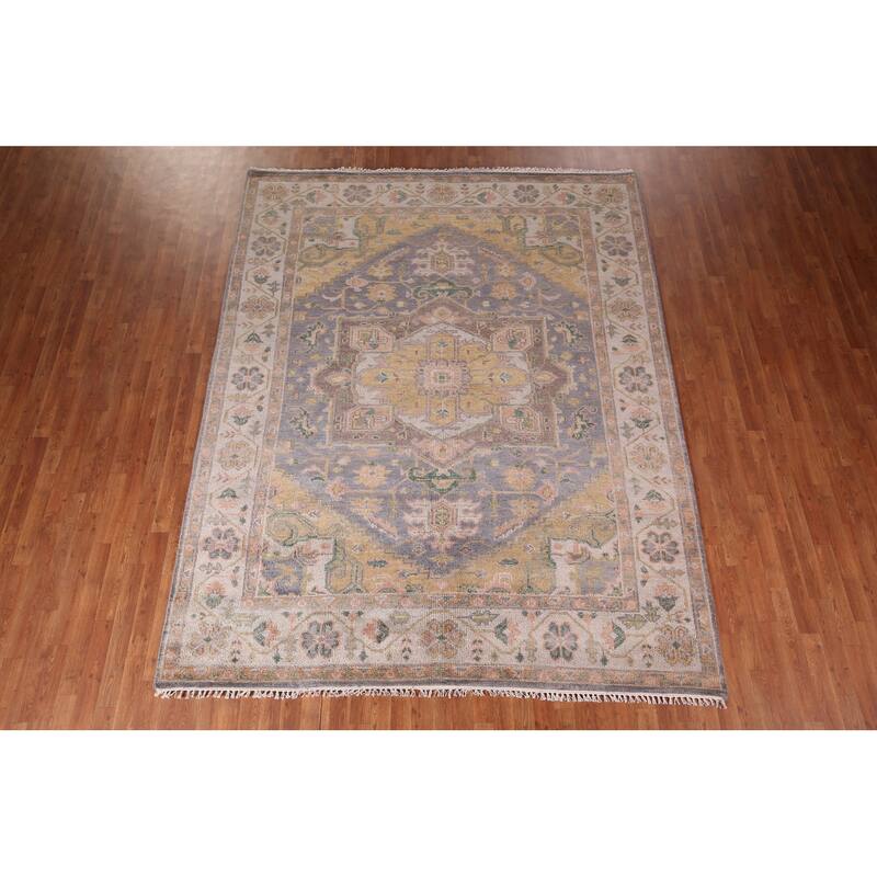 Geometric Blue Heriz Serapi Indian Area Rug Handmade Wool Carpet - 7'11" x 10'0"