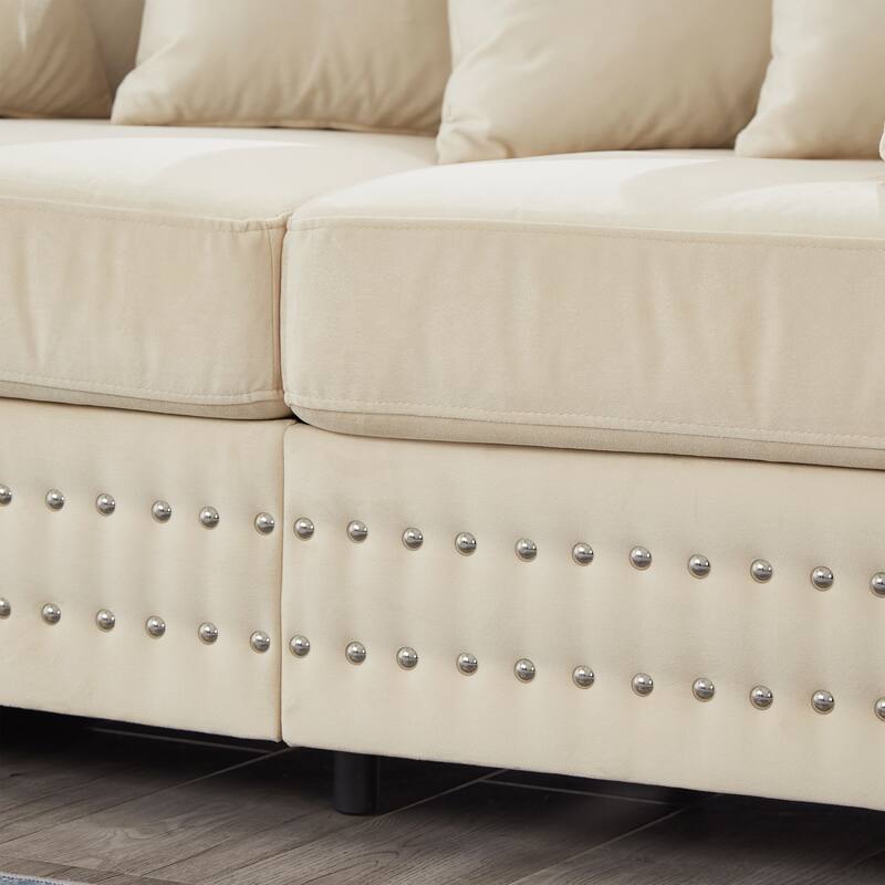 Velvet Loveseat Sofa with Storage, Comfy Upholstered Deep Seat Sofa, 2-Seater Sofa with Nailhead Trim & 6 Throw Pillows