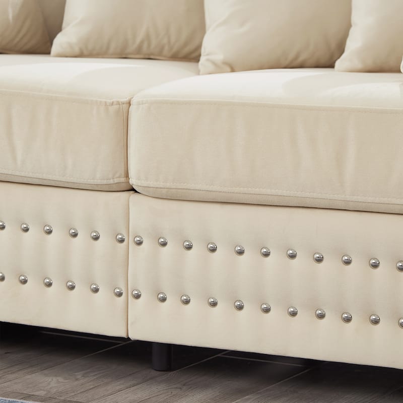 Velvet Upholstered Storage Sofa Set with Loveseat Sofa and 3 Seater Couch, Square Armrests with Silver Nails Decoration