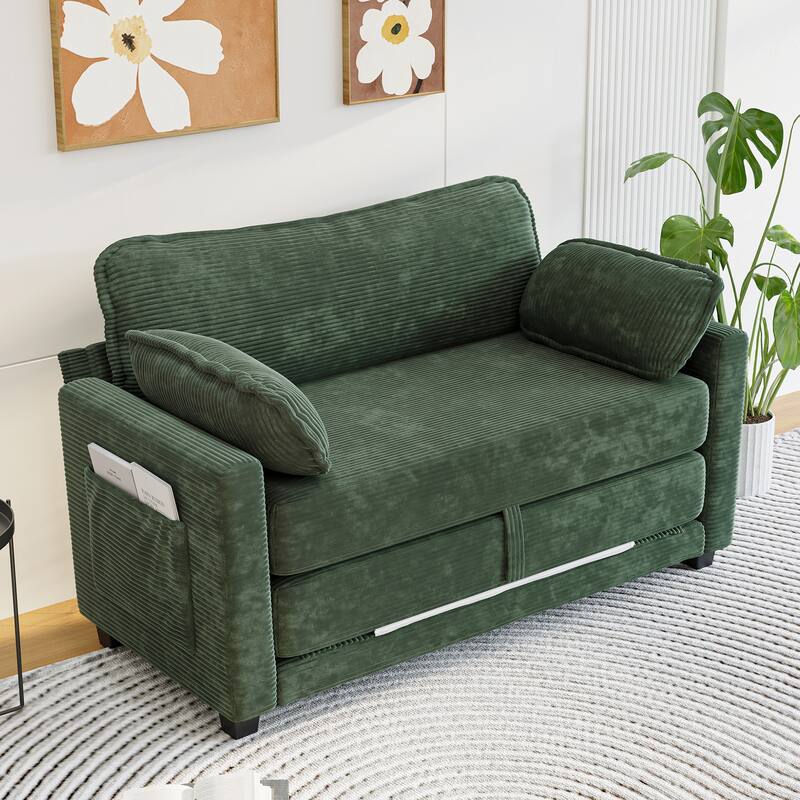 2-in-1 Convertible Corduroy Sofa Bed 51" Small Sofa, 2-Seater Loveseat Sleeper Couch with Side Storage