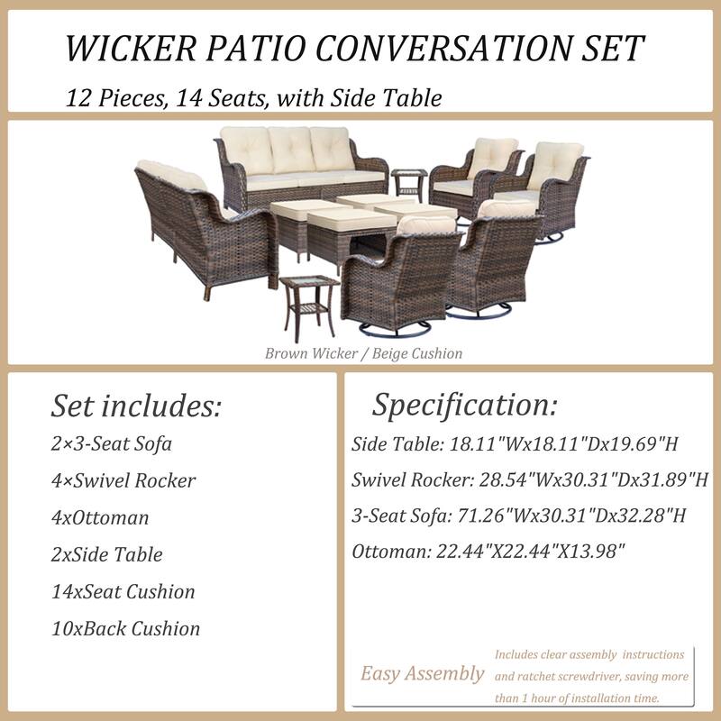 12 Piece Outdoor Wicker Patio Furniture Seating Set with Swivel Chairs