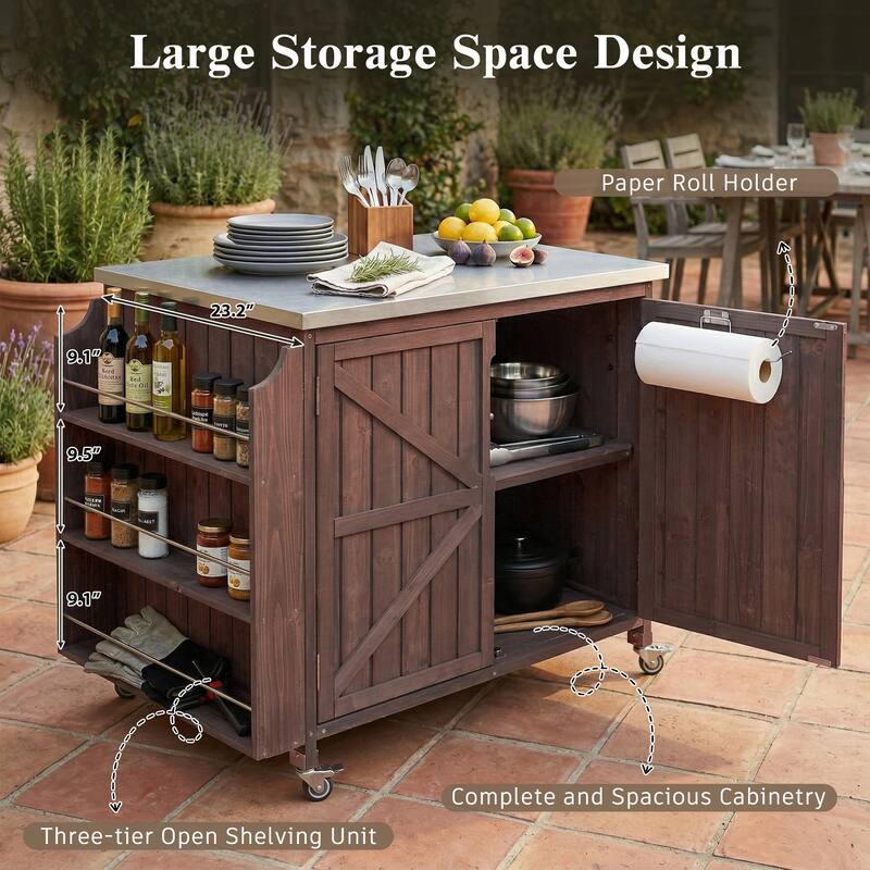 42.1" Outdoor Kitchen Island with Side Shelf, with Storage Cabinet, Outdoor Kitchen Cabinet, Adjustable Shelf and 4 Wheels
