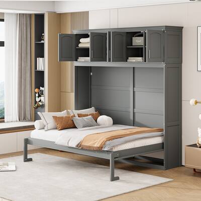 Gray Full Size Modern Style Multi-function Murphy Bed with Top Cabinets for Small Apartment or Studio