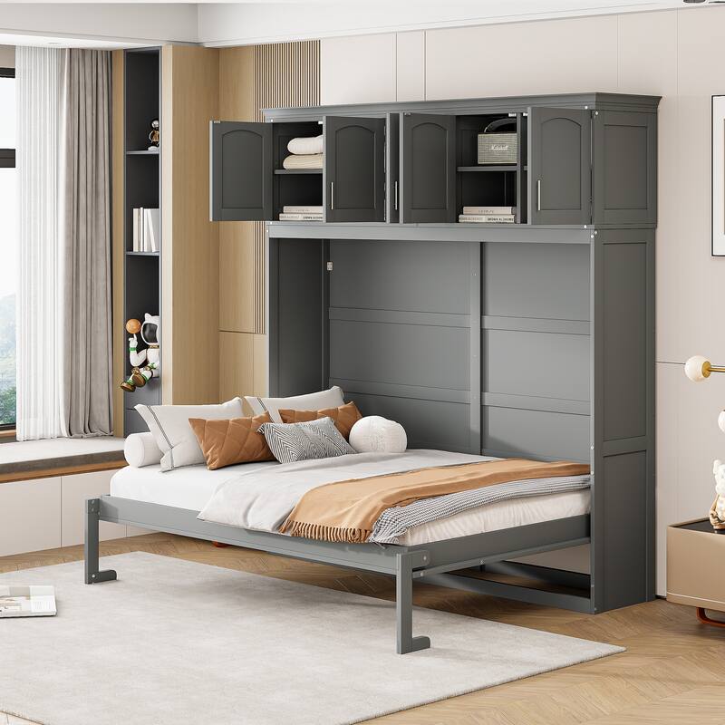 Space-Saving Murphy Bed with Top Cabinets Full Size, Grey
