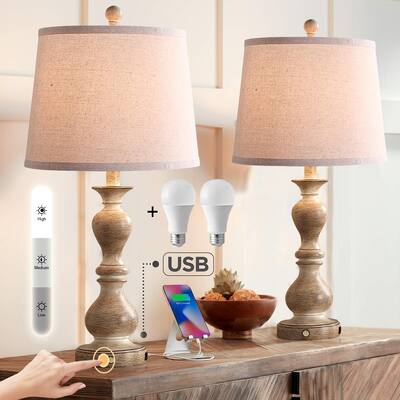 26" Farmhouse Touch Control Table Lamps Set of 2, 3-Way Dimmable Beige Table Lamps with USB & USB-C, Rustic Bedside Lamps