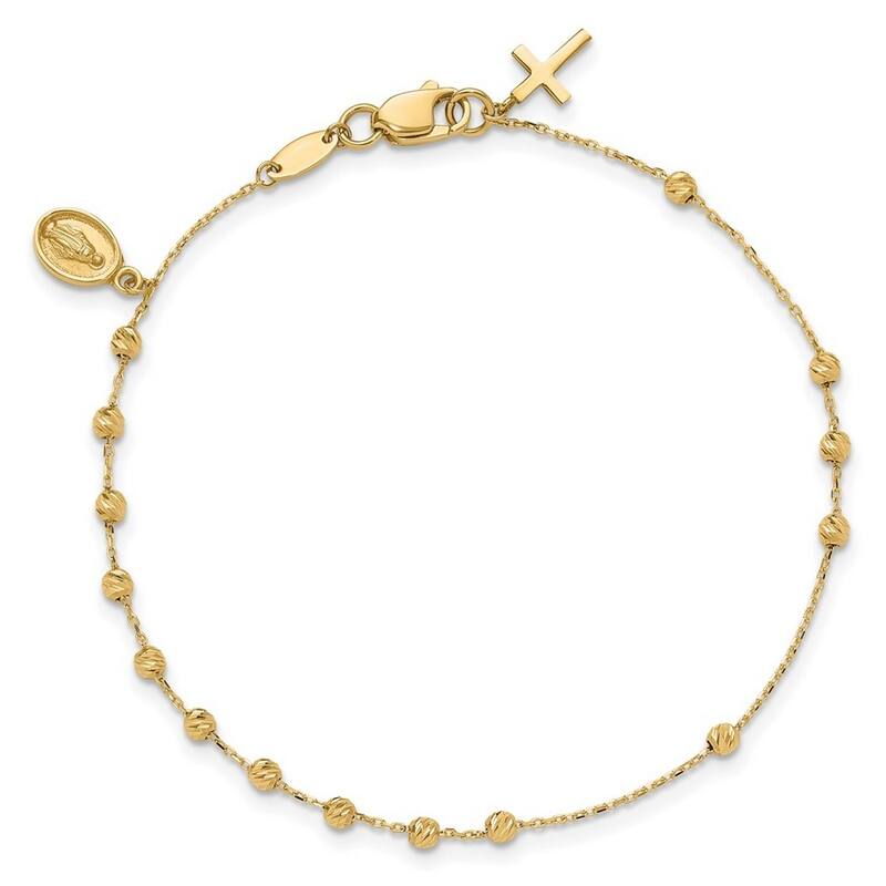 Curata 14k Yellow Gold 7.5" Miraculous Medal And Cross Rosary Design Bracelet