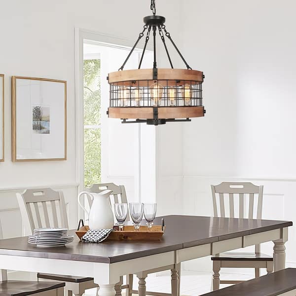 slide 2 of 10, Anmytek Modern Farmhouse 5-Light Wood Cage Chandelier Drum Pendant Lights for Dining Room - 19.6" D x 22.3" H