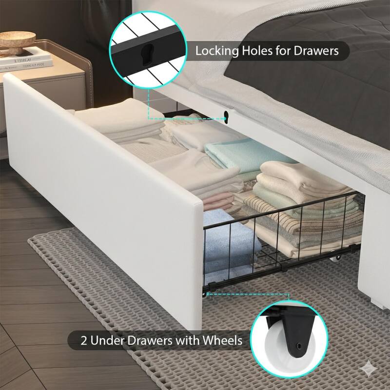 Upholstered Platform Bed Frame with Diamond Tufted Headboard, LED Lights & Charging Station