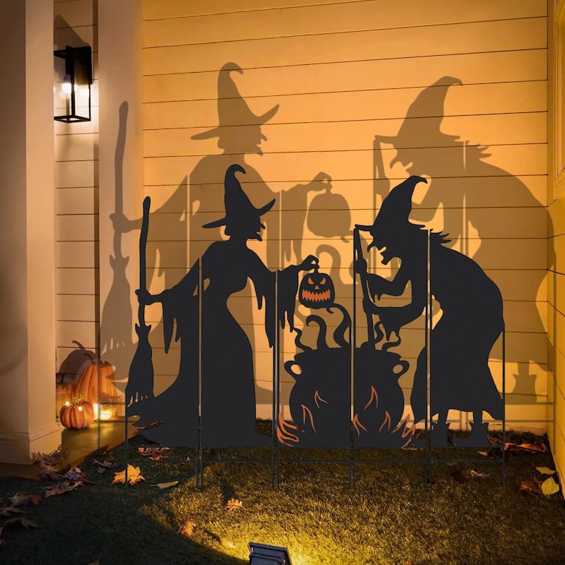 Glitzhome 34.5"H Set of 5 Halloween Metal Silhouette Witches with Cauldron Yard Stake (Two function)