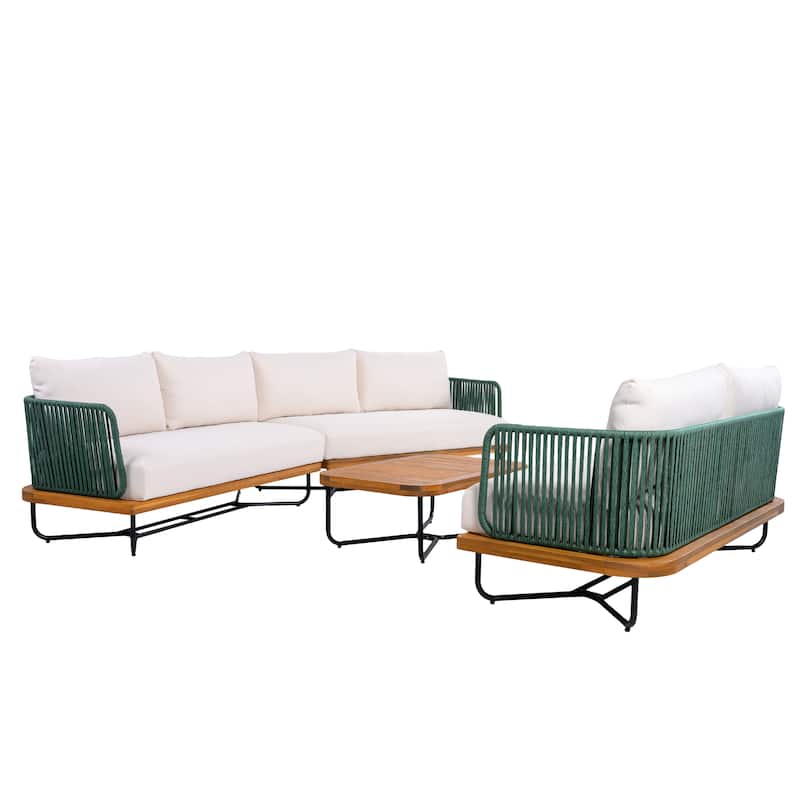 Christopher Knight Home - Evelyn Patio Outdoor Acacia Wood Rope Sofa Set - Sofa Set + Loveset + Table - Teak finsh+Beige cushion+Green rope