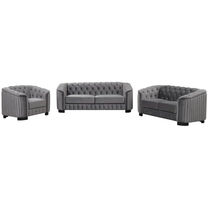 3-Piece 6-Seat Velvet Sofa Set (3+2+1) with Tufted Back & Rubber Wood Legs
