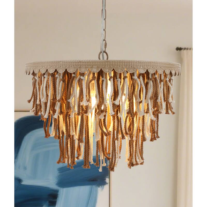 5-Light Boho Tassel Chandelier for Dining Room with Brown Finish