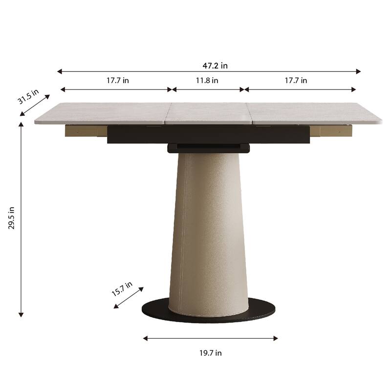 Roomfitters Retractable Sintered Stone Dining Table, Square Base, Expandable Desk & Leather Pedestal