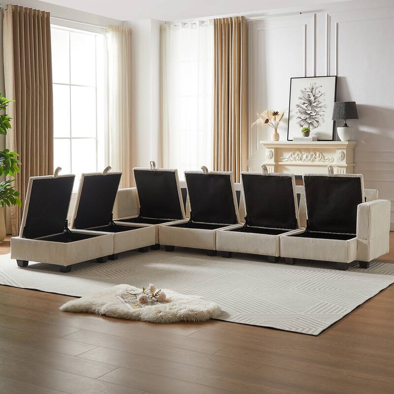 Beige 6-Piece Convertible Corduroy Modular Sectional Sofa with Storage & Ottomans