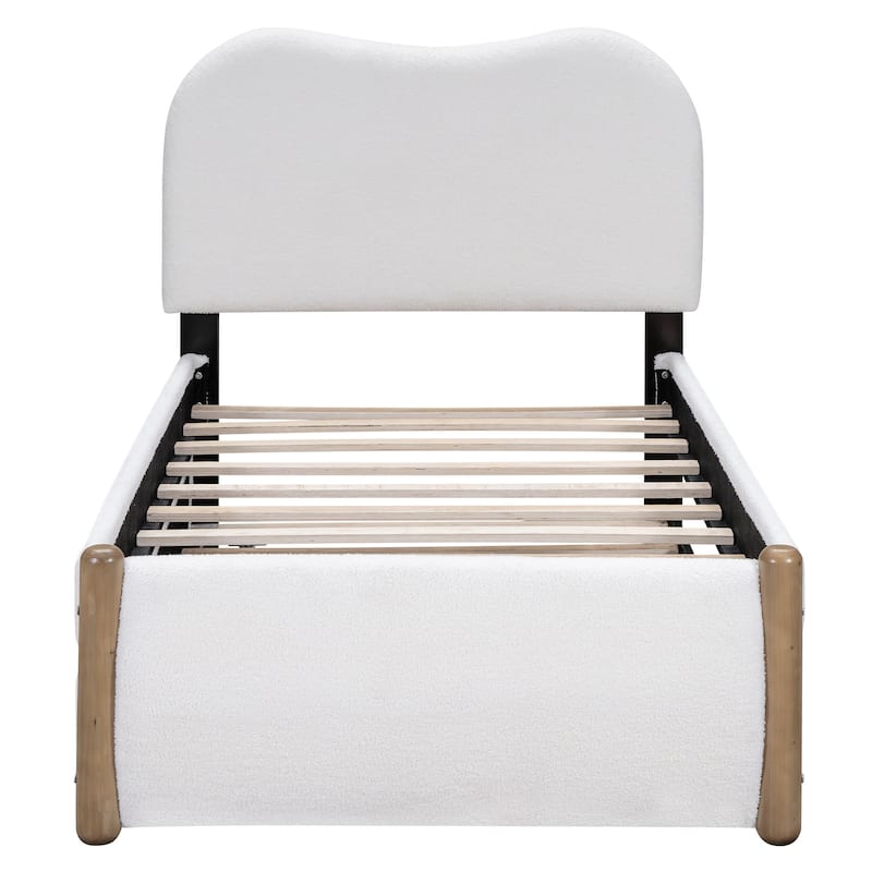 Upholstered Platform Bed with Twin Trundle, Berber Fleece Bed Frame with Thick Headboard, Wood Supporting Feet