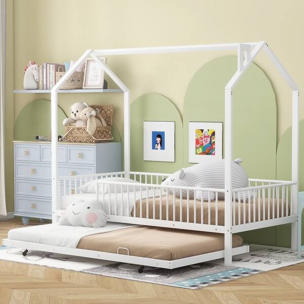 slide 2 of 34, Contemporary Mordern Design Twin Size House Platform Bed,Solid Metal Bed with Trundle,Semi-Enclosed Fence