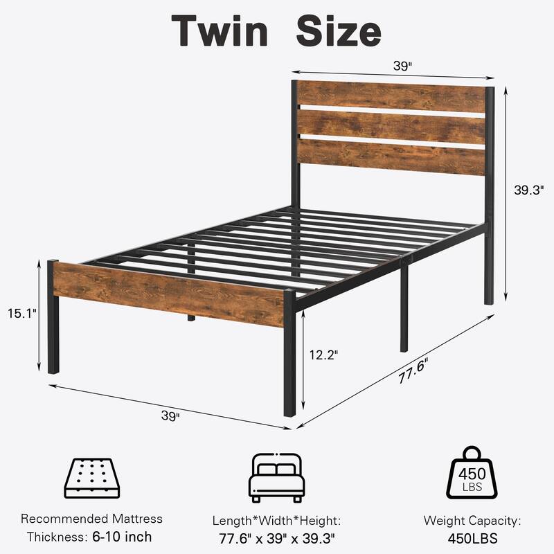 VECELO Industrial Wood Bed Frame with Headboard Twin Size Beds/Full Size Beds/Queen Size Beds