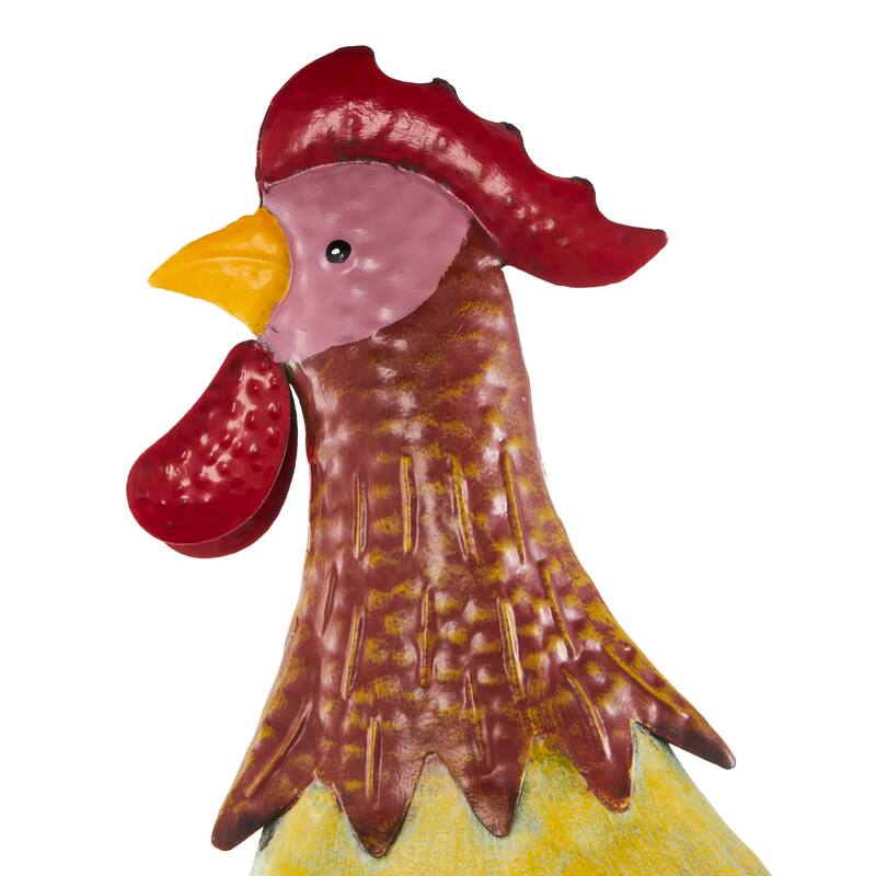Black Metal Textured Rooster Decorative Garden Sculpture with Red Accents