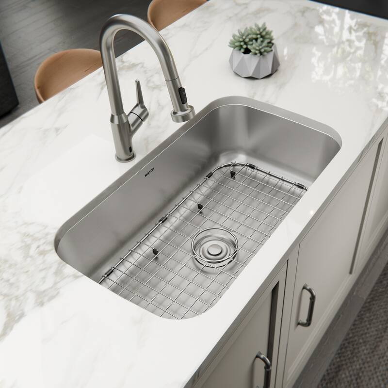 Karran Profile 32” Undermount 18 Gauge Single Bowl Stainless Steel Kitchen Sink with Accessories