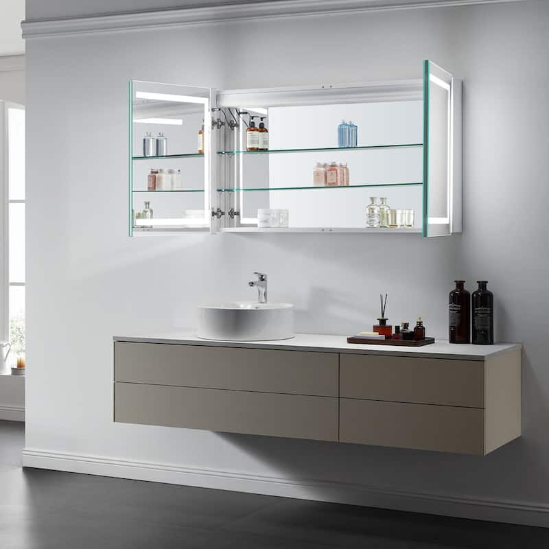 Modern Mirrors Europa II Bathroom Mirror Cabinet with Lights, Wall Mounted Vanity Glass Cabinet with 2 Shelves - 32x24 inches