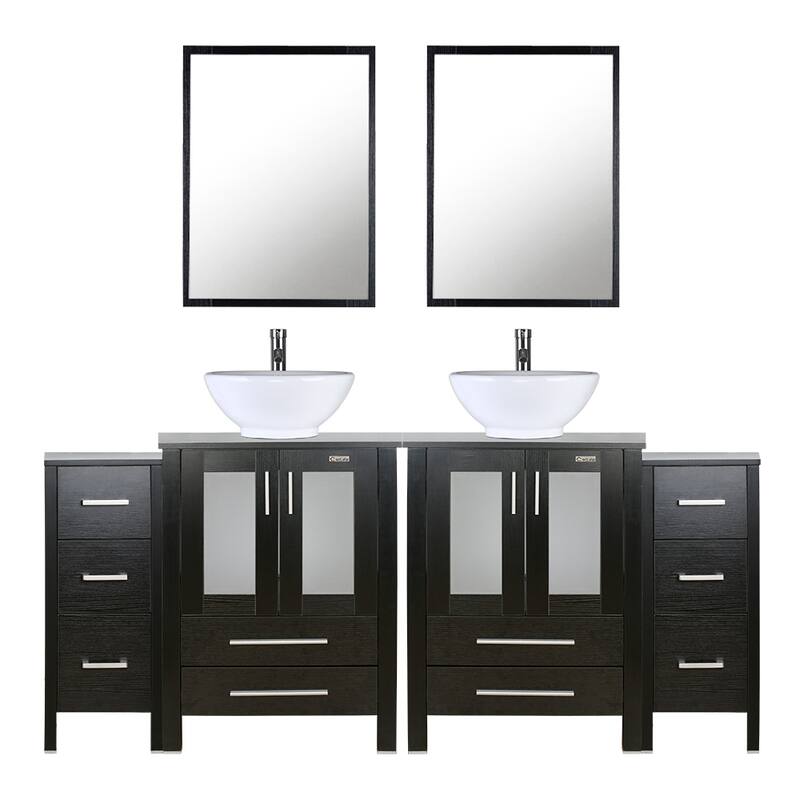 72" Bathroom Vanity Set Vessel Sink Cabinet Mirror Combo - Black - white ceramic round sink