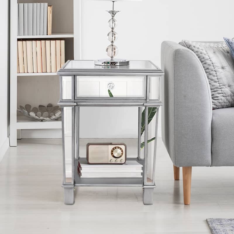 Silver Glass Mirror Side Nightstand Table with Open Shelf for Bedroom