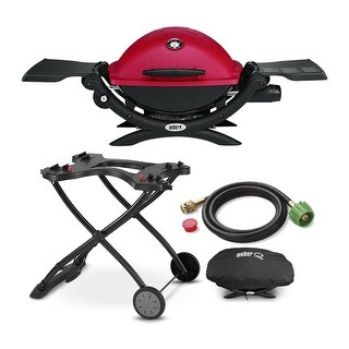 Weber Q1200 Liquid Propane Grill (Red) w/ Portable Cart, Hose