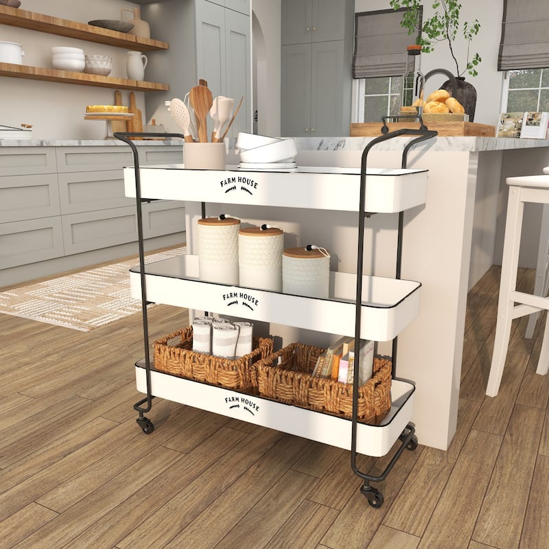 Metal Kitchen Rolling 3 Shelves Storage Cart with Wheels and Black Accents - White - Roche River Decor
