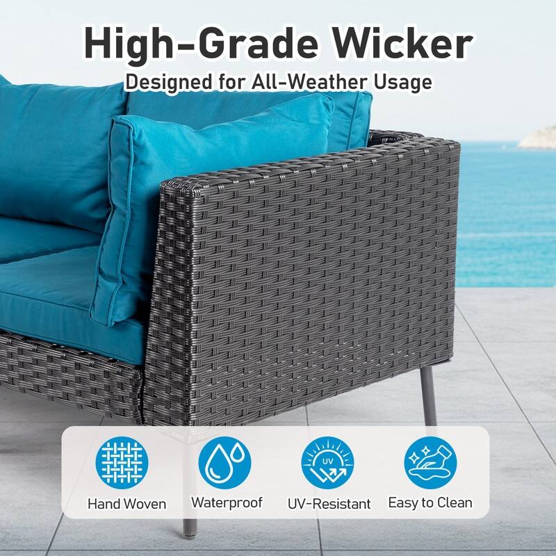 Patio 6-Piece Wicker Sectional Sofa Set with Corner & Ottomans, Adjustable Iron Feet