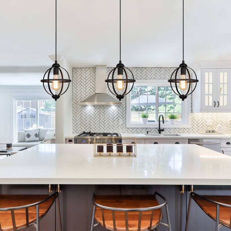 Modern Farmhouse Black 1-Light Globe Pendant Transitional Metal Island Light for Dining Room - 9.4'' L x 9.4'' W x 12.2'' H