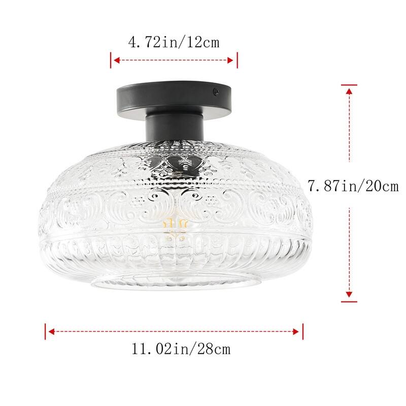 Modern 1-Light Black Semi Flush Mount Ceiling Fixture with Textured Clear Glass