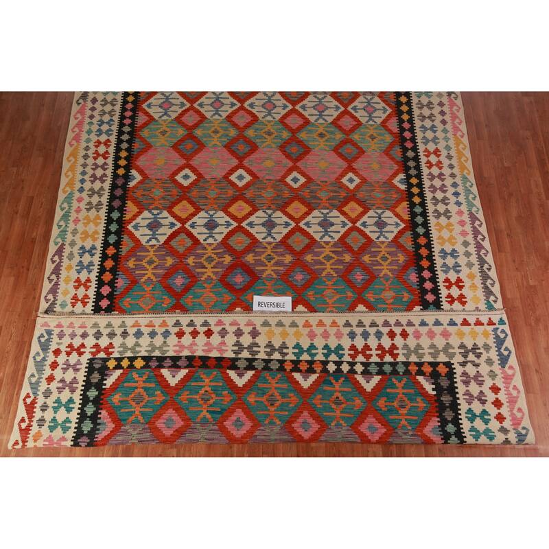 Geometric Kilim Large Rug Flatweave Multi-Color Wool Carpet - 10'2"x 15'11"