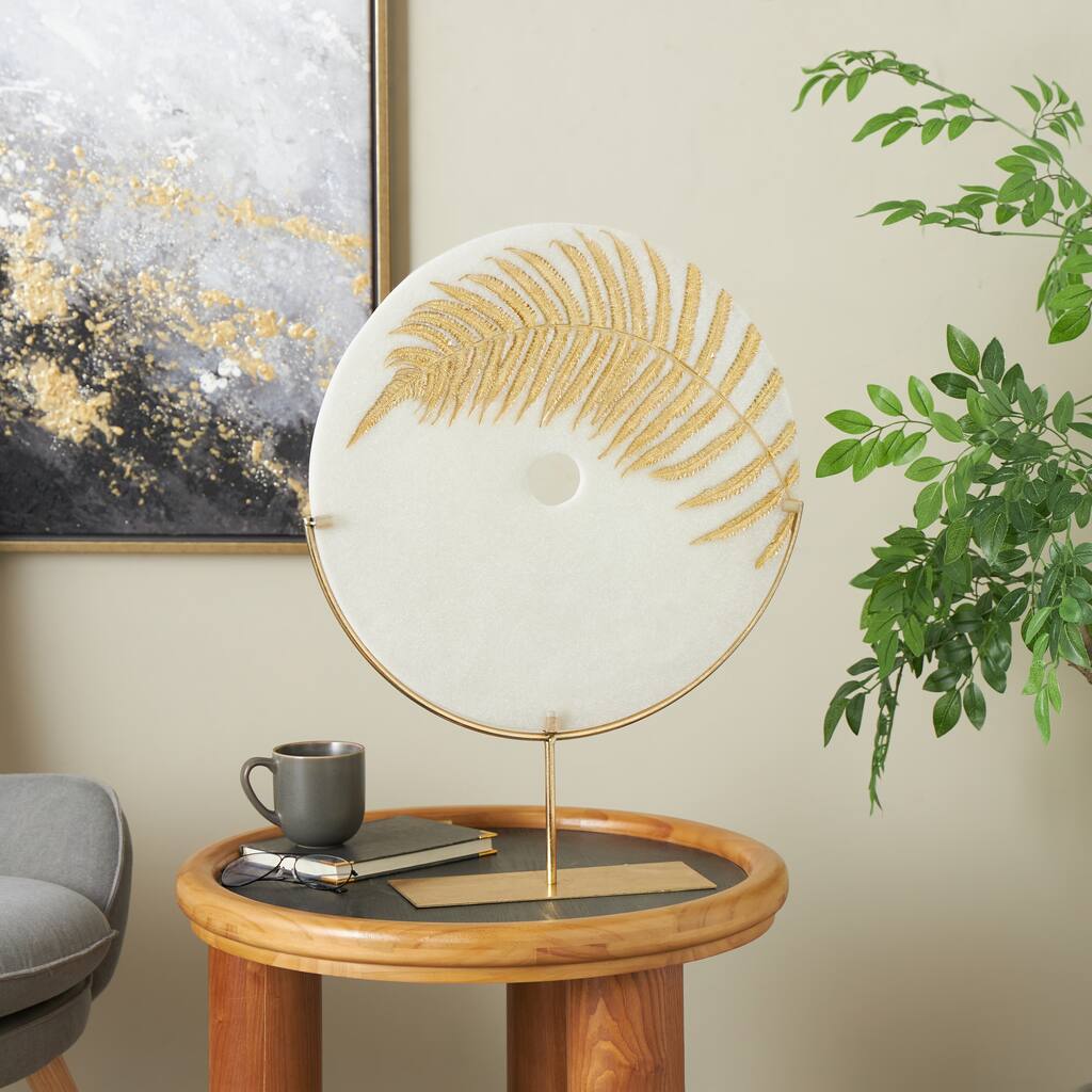 White Polystone Round Disk Leaf Decorative Sculpture with Center Cutout and Gold Base