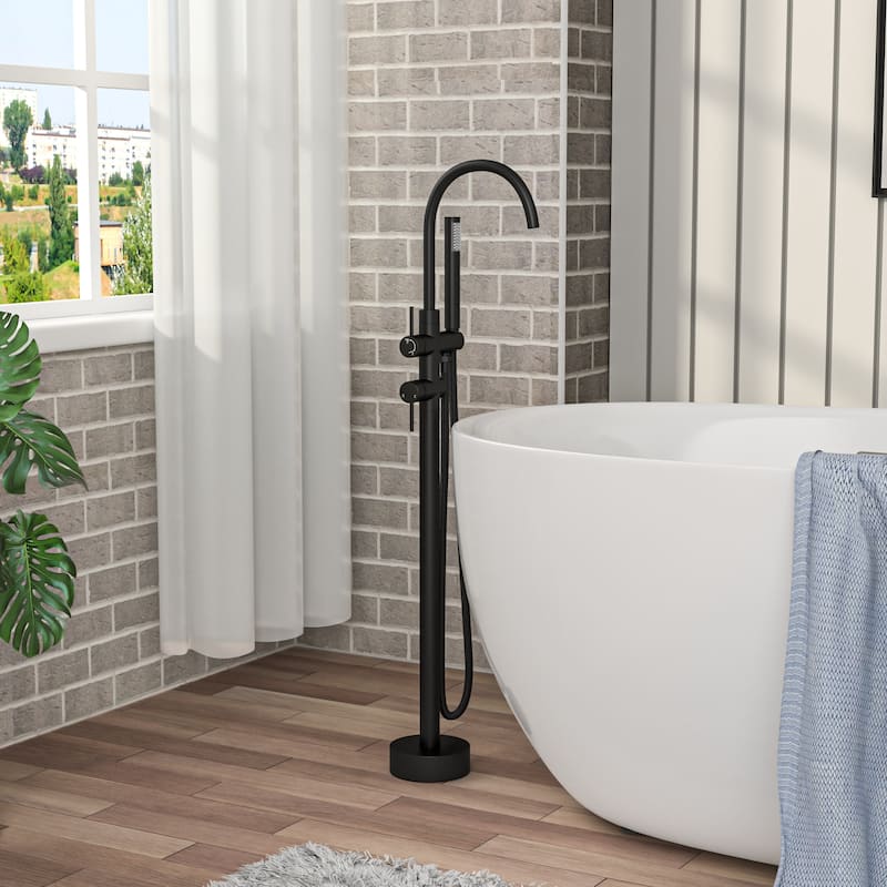 Freestanding Bathtub Faucet Floor Mount Tub Filler Matte Black, Swivel Gooseneck Spout with Cylinder Handheld - Matte Black
