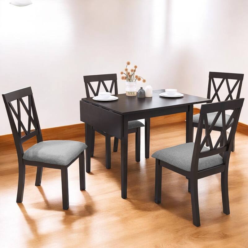 5-Piece Foldable Dining Set with Drop Leaf Table & 4 Upholstered Chairs for Dining Room - Space-Saving Farmhouse Design - Espresso