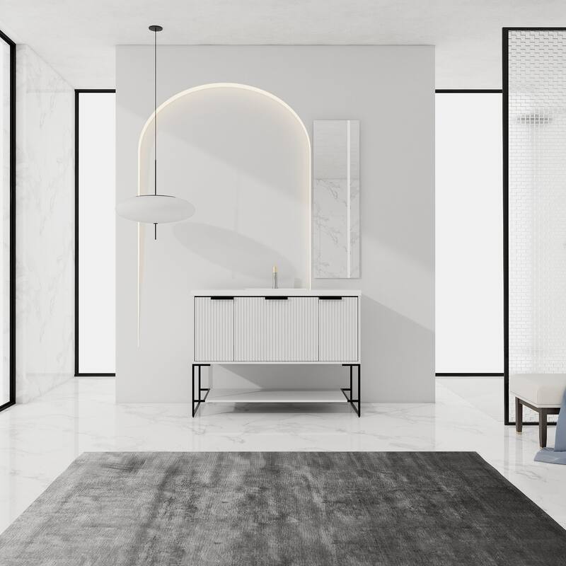 48 inch White Plywood Freestanding Bathroom Vanity Set with Open shelf and Integrated Resin Sink