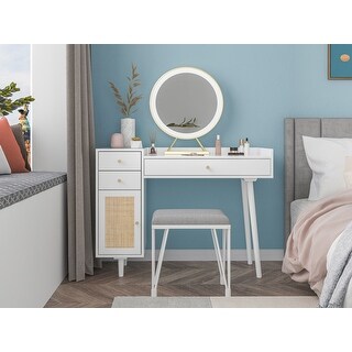 Makeup Vanity with Drawers, Mid-Century Dressing Table White Wood Desk 