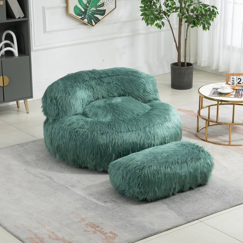 Plush Upholstered Round Comfort Lounger Bean Bag Chair with Ottoman - Mint Green