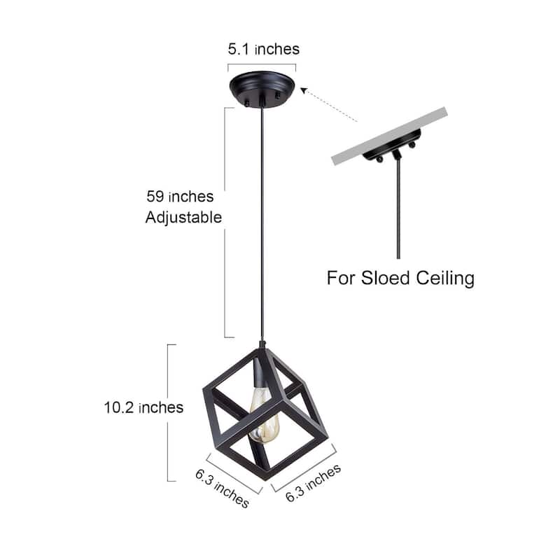 Modern Industrial 1-Light Black Square Pendant Light for Kitchen Island - L6.3"xW6.3"xH6.3"